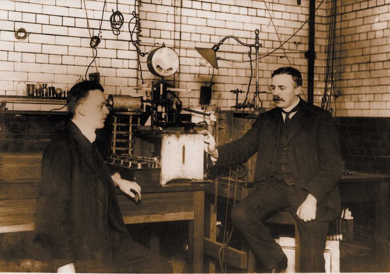 Ernest Rutherford and Hans Geiger in their lab at The University of Manchester, 1908